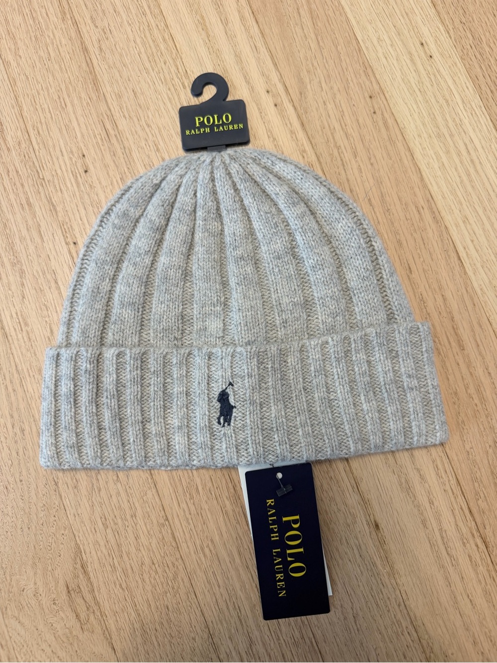 Polo by Ralph Lauren Light Gray Ribbed Fold Cuff Beanie with Navy Logo